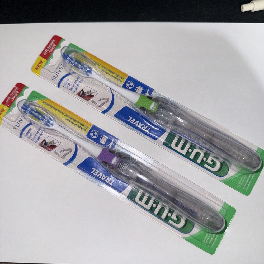 GUM Travel Toothbrush Foldable On The Go Soft Bristles Anti-Bacterial Lot of 2‎